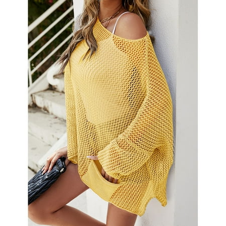 Women Crochet Hollow Out Cover Up Beach Bikini Swimsuit Mesh Blouse Long Sleeve for Outdoor Holiday Travel