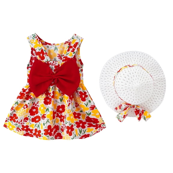 QTOCIO Toddler Girls Dresses, Baby Girl Summer Clothes, Toddler Baby Girls Summer Casual Sleeveless Floral Dress Cute Bow Print Dress, Red, 18 Months
