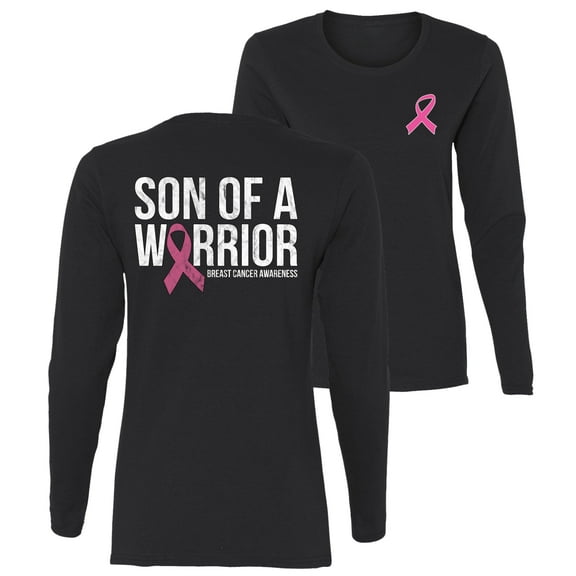 Wild Bobby Son of A Warrior Breast Cancer Ribbon Breast Cancer Awareness Front and Back Womens Graphic Long Sleeve T-Shirt, Black, Small