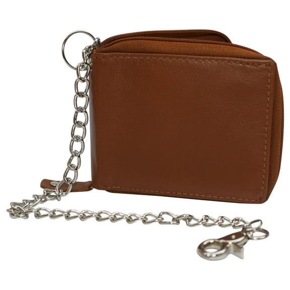 Men Biker Trucker Cow Leather Zip around Bi-fold RFID Chain Wallet Western Style Khaki/Tan Chain Wallet