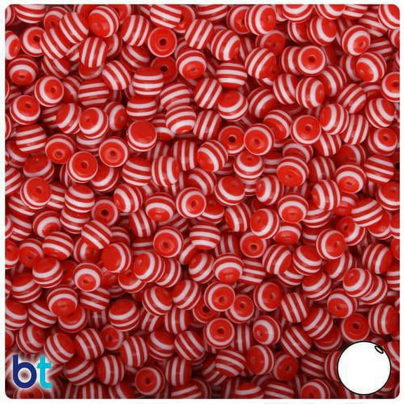 BeadTin Red & White Striped 6mm Round Resin Beads (150pcs)