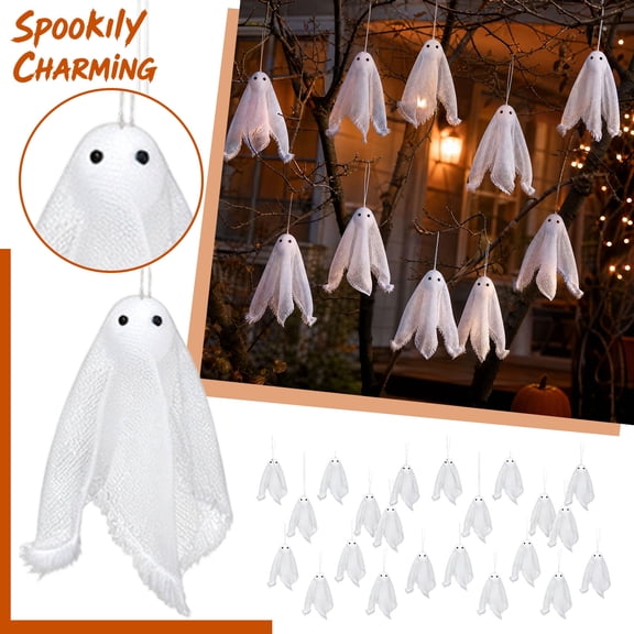 12 Pack White Ghost Decorations with Gauze Design, Halloween Hanging Decor for Halloween Outdoor Decorations, Spooky Halloween Decor Ornaments