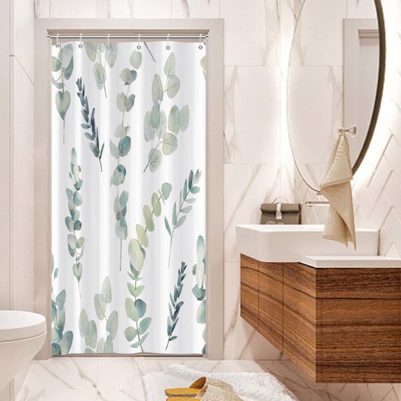 Sage Green Leaves Stall Shower Curtain, Branches Leaves Tree Plants Floral Small Dorm Bathroom Curtain, Natural Botanical Narrow Shower Curtain for Bathroom Set with 6 Hooks, 36Wx72L