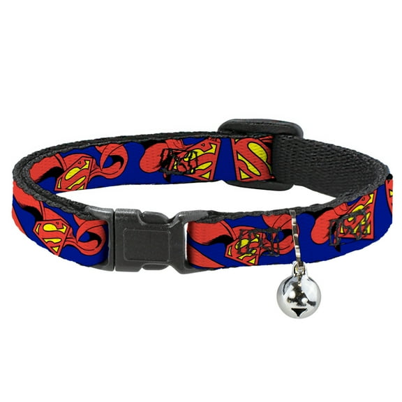 DC Comics Breakaway Cat Collar With Bell, Plastic Clip, Easy Adjustable, Superman Shield Cape, 8.5 to 12 Inches 0.5 Inch Wide