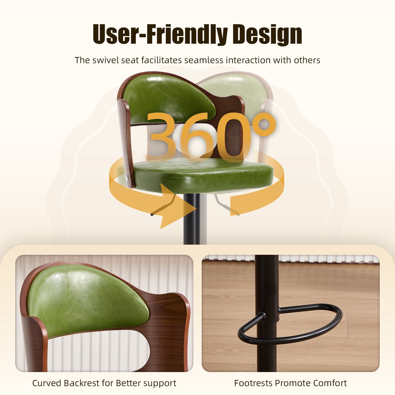 Homefun Swivel Bar Stools Set of 2,Wooden Upholstered Scratch-Resistant Fabric with Back,Chairs for Kitchen Island,Green