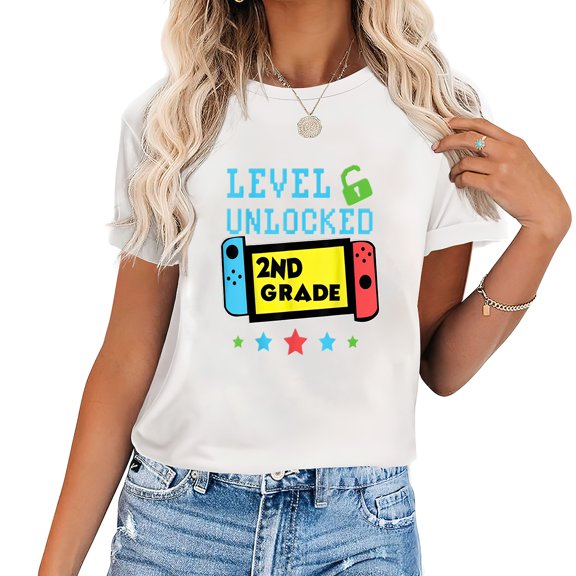 2nd Grade Level Unlocked Gamer First Day Of School Stylish Women's Short Sleeve Shirt, Printed Graphic Top for Any Occasion