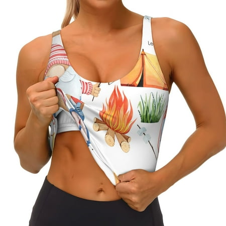 Qokaie Gnome Camping Pattern Womens Scoop Neck Sports Bra Breathable Workout Vest Padded U Back Medium Impact Fitness Gym Yoga Bra Workout Crop Top