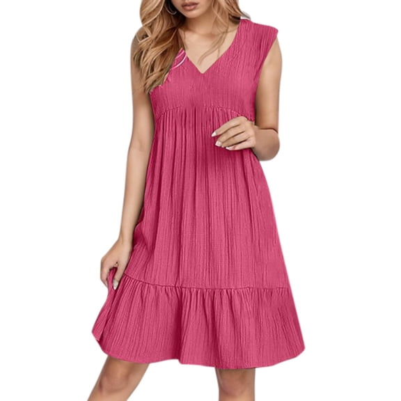 Flowing Sundresses for Curvy Women Sleeveless Knee Length Cotton Linen Flowy Gauze Dresses Ruffle Tiered Layered V Neck Birthday Shirt Dresses Hot Pink XL
