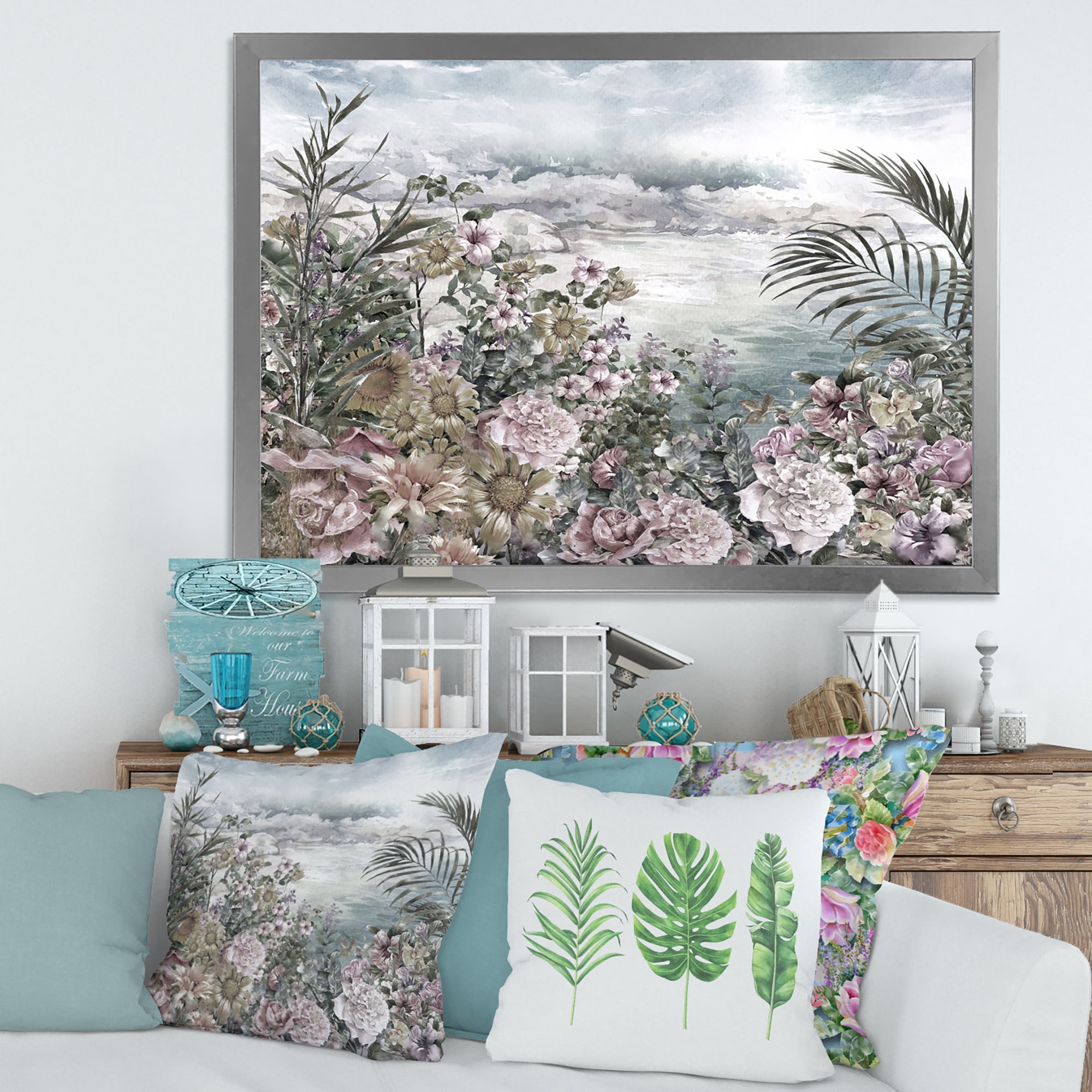 Designart 'Abstract Retro Flowers By The Sea Side' Vintage Framed Art Print