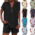 thumbnail image 2 of 2 Piece Short Sets for Women Linen Short Sleeve Outfits Casual Summer Shorts Set with Pockets,Black S, 2 of 6