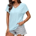 thumbnail image 5 of Xuyuer Womens T Shirts Short Sleeve V Neck Loose Casual Summer Tops Water Soluble Flower Solid Color Loose Comfortable Breathable T-shirt, 5 of 5