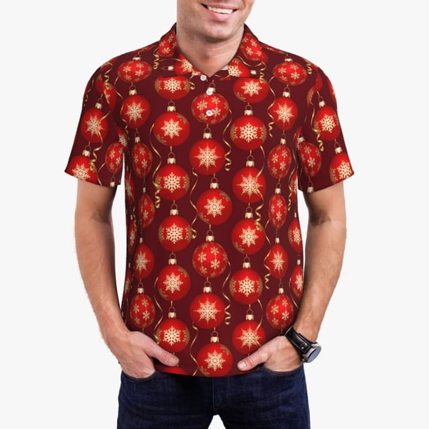 Balery Christmas Red Balls Camisa Polo de Hombre con Estampado, de Manga Corta y Tejido Medio, Camisa Tipo Golf Polo-3X-Large