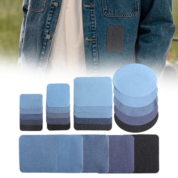 Iron On Denim Patches for Clothing Repair, Multi Shade Jean Fabric Patches, Square & Round Self Adhesive Denim Patch Kit for Jackets Pants Knee Elbow Holes