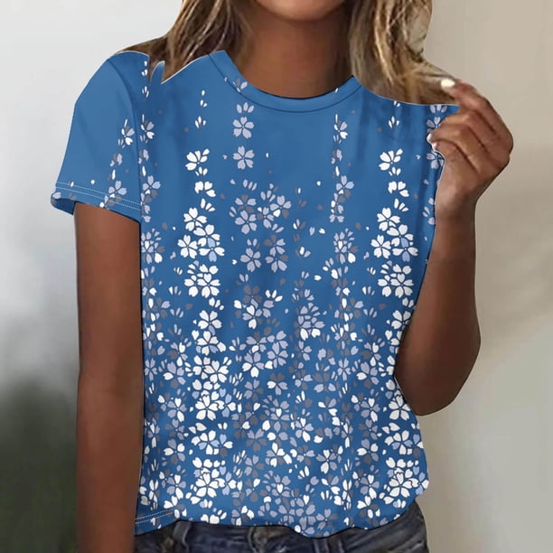Fiudx Ropa de Mujer Top de Manga Corta con Cuello Redondo y Estampado Informal para Mujer
