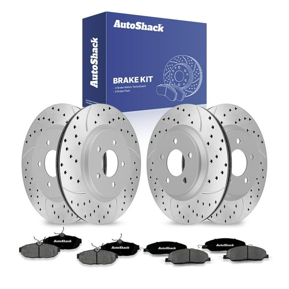 AutoShack Front Vented & Rear Vented Drilled & Slotted Coated Brake Rotors Silver Matte Finish   Premium Ceramic Pads 12-PC Brake Kit Replacement for 2005-2010 Ford Mustang TurboGuard