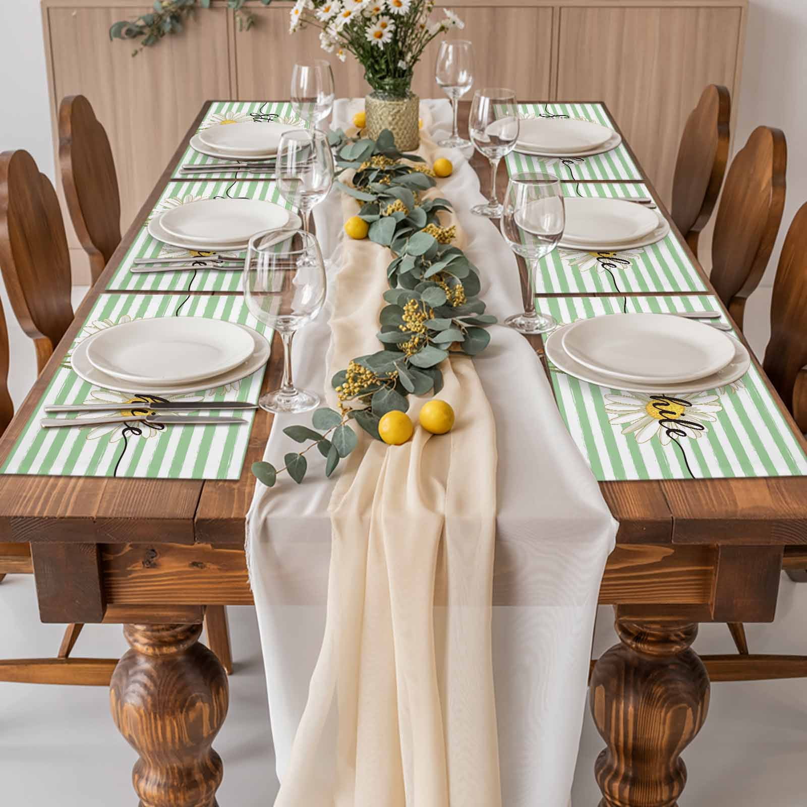 Daisy Flower Placemats Set of 4, Watercolor Farmhouse Country Floral Stripe Placemats for Dining Table, Place Mats for Kitchen Tabletop, Waterproof Wipeable Dining Table Mats Set
