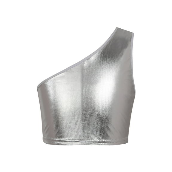 iEFiEL Girls Single Slant Shoulder Tank Crop Top Tweens Shiny Sequins Vest for Dance Gymnastics,Sizes 4-14