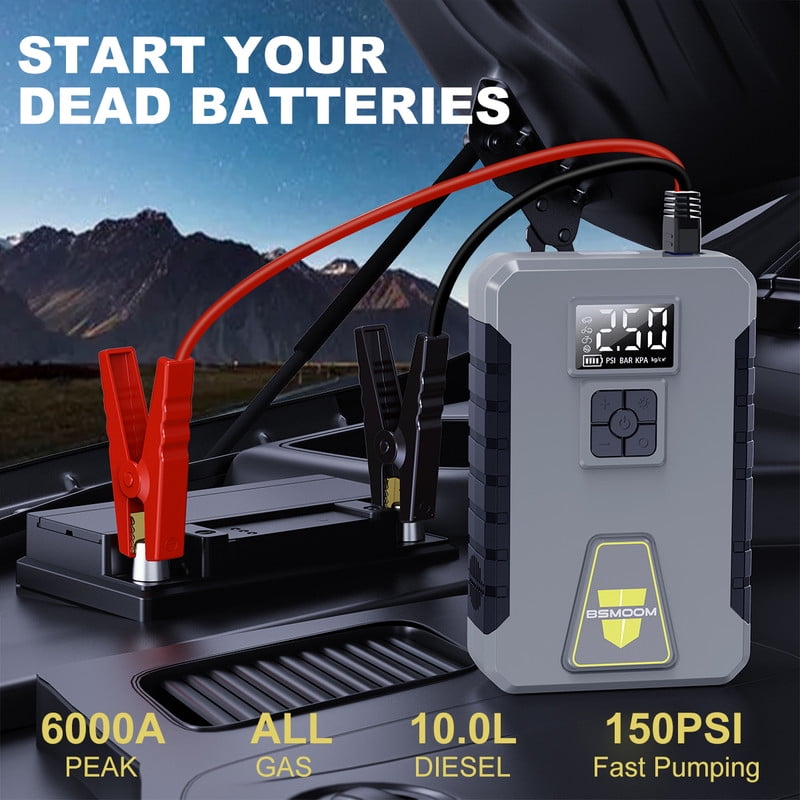 BSMOOM Car Jump Starter with Air Compressor, 12V 6000A Peak Portable Car Battery Jump Starter Jump Box, 150PSI Car Air Pump Tire Inflator Battery Charger with LED Light, LCD Display, Gray