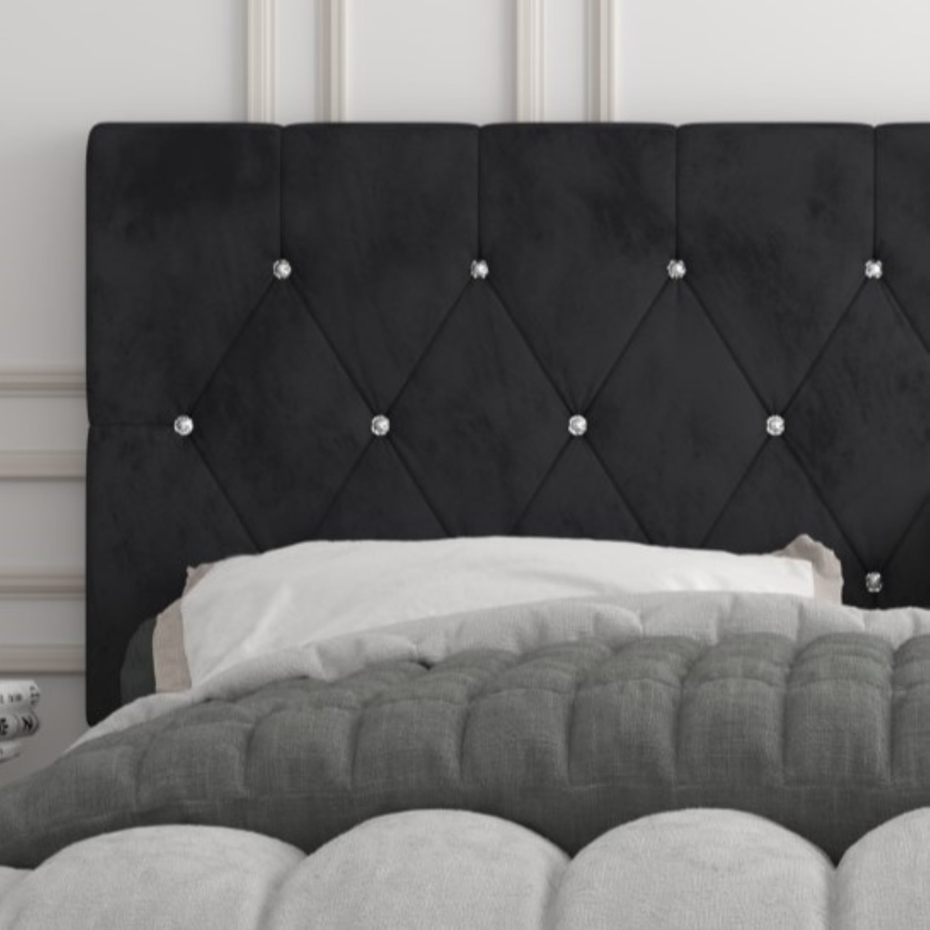 Home Design Samantha Twin Bed Frame with Foam-Filled Headboard and Gold-Tone Bracket Feet, Black, Easy Assembly