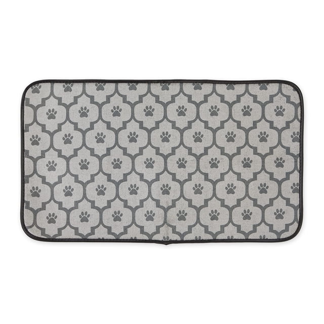 bone dry lavable a máquina, alfombra ultra absorbente para mascotas, grande, 14 x 24 pulgadas, celosía gris Alfombra rectangular vista cenital en microfibra gris con patrón de celosía tono sobre tono y huellas de patas, borde redondeado y ribete gris oscuro, textura absorbente de secado rápido para colocar bajo comederos o dentro de jaulas; tamaño 14 x 24 pulgadas.