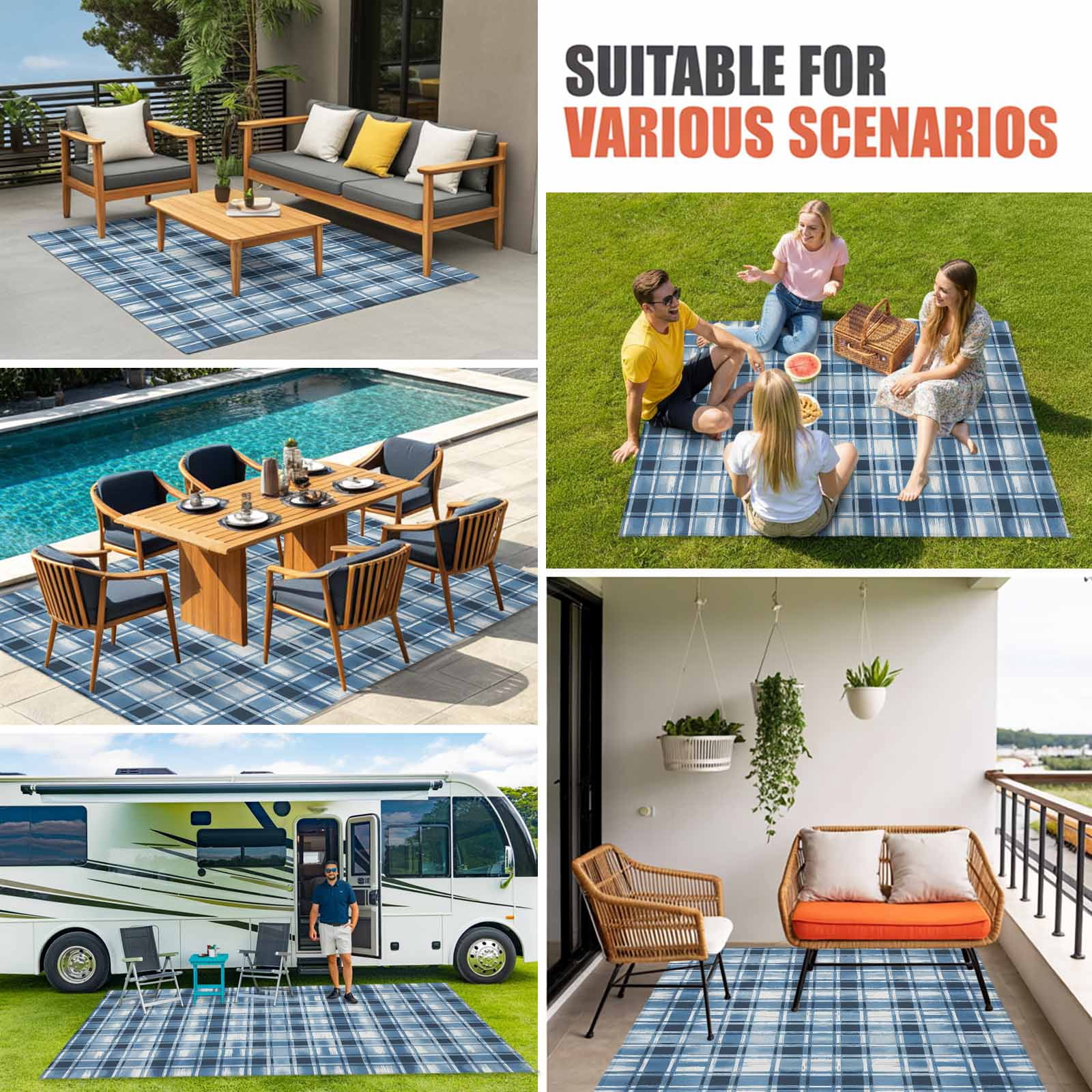 Blue Plaid Outdoor Rug 4x6 Ft, Non Slip Washable Area Rug, Modern Simple Watercolor Buffalo Lattice Patio Rugs Carpet Runner, Large Floor Mat for Indoor/Outdoor Deck Porch Camping