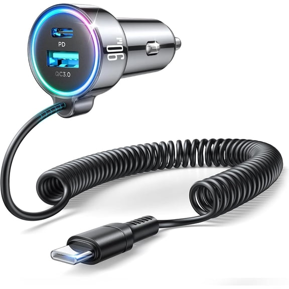 JOYROOM USB C Car Charger, 90W Fast Charging Dual Port PD & QC 3.0 Car Phone Charger Adapter with 5ft Built-in Type C Cable for iPhone, Samsung, Android Phones, Tablets
