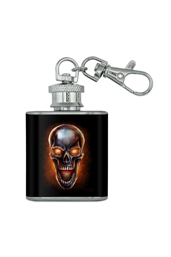 Chrome Metal Flaming Skull Stainless Steel 1oz Mini Flask Key Chain