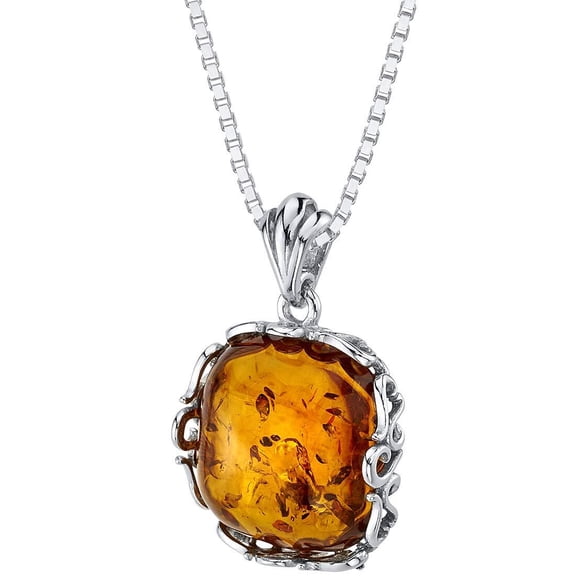 PEORA Genuine Baltic Amber Cushion Cut Pendant Necklace for Women 925 Sterling Silver, Rich Cognac Color, Designer Scroll Gallery with 18 inch Chain