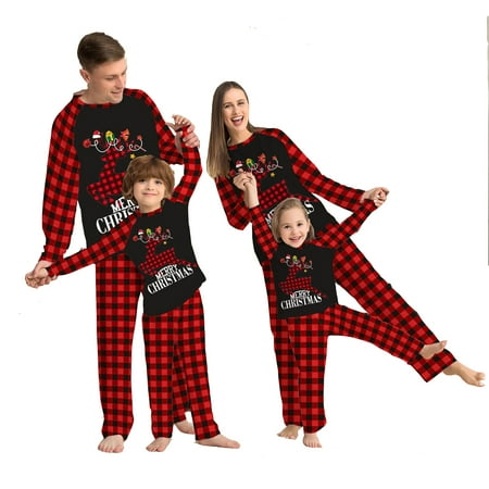 

CAITZR Christmas Pajamas for Family Matching Family Christmas PJs Sets Elk Letter Printed Top and Plaid Pants Sleepwear