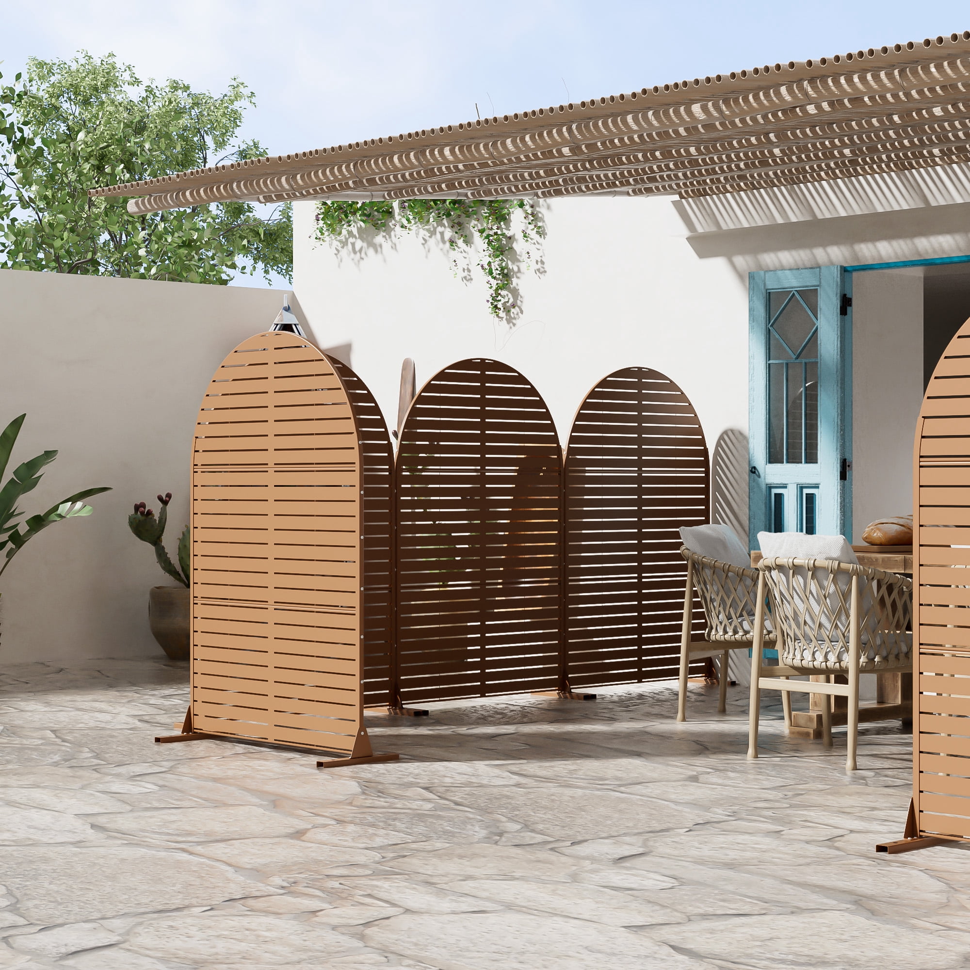 MAYEERTY 72×47" Arched Outdoor Brown Metal Privacy Panel Screen for Backyard & Garden, Louvered Pattern