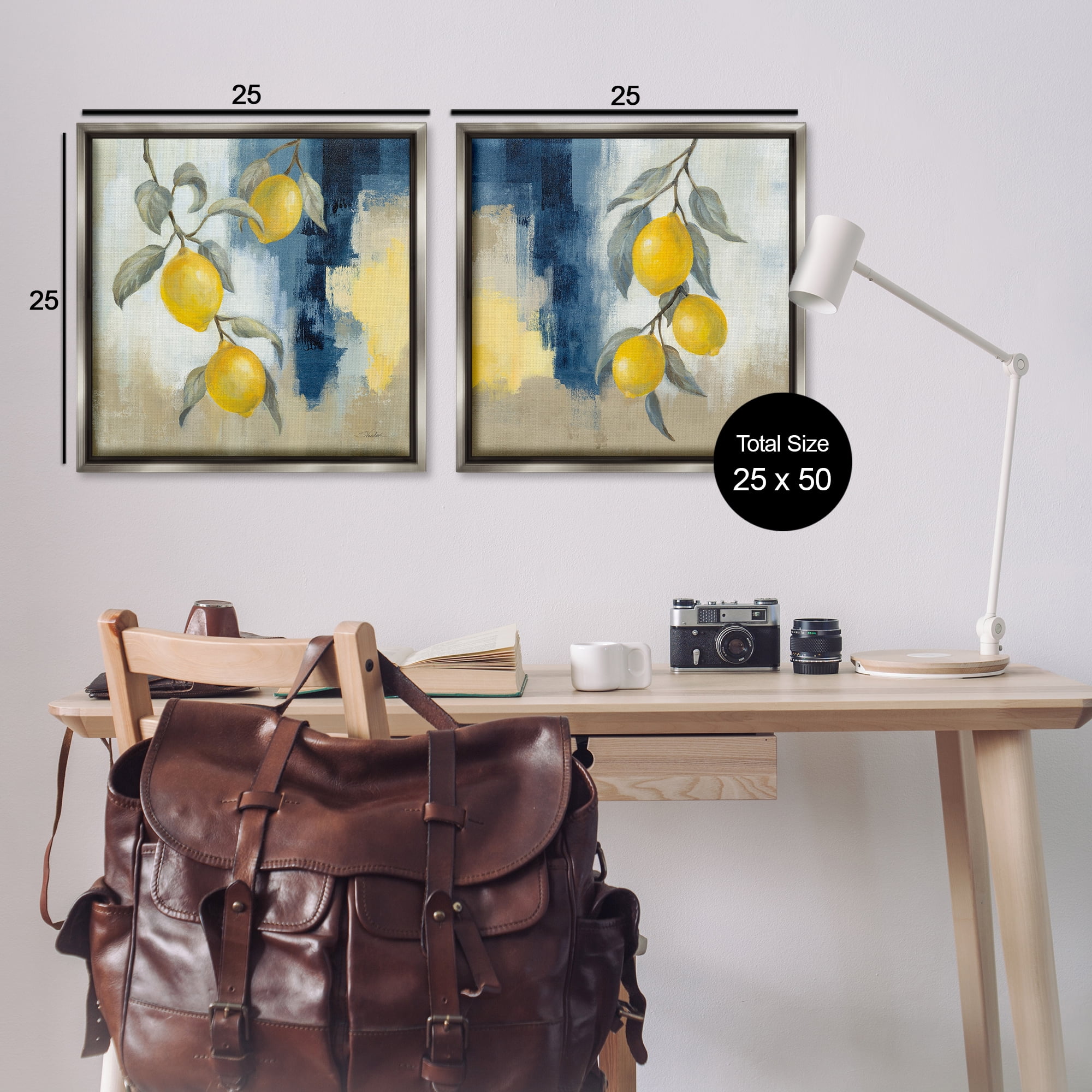 Stupell Industries Abstract Hanging Lemon Fruits Food & Beverage Painting Gray Floater Framed Canvas Art Print Wall Art, 25 x 25, Set of 2