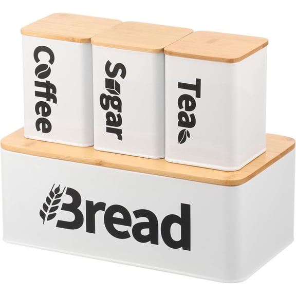 Canisters Set for Kitchen Countertop, Set of 4 Sugar Coffee Tea Container with Lids and Black Bread Box(White)