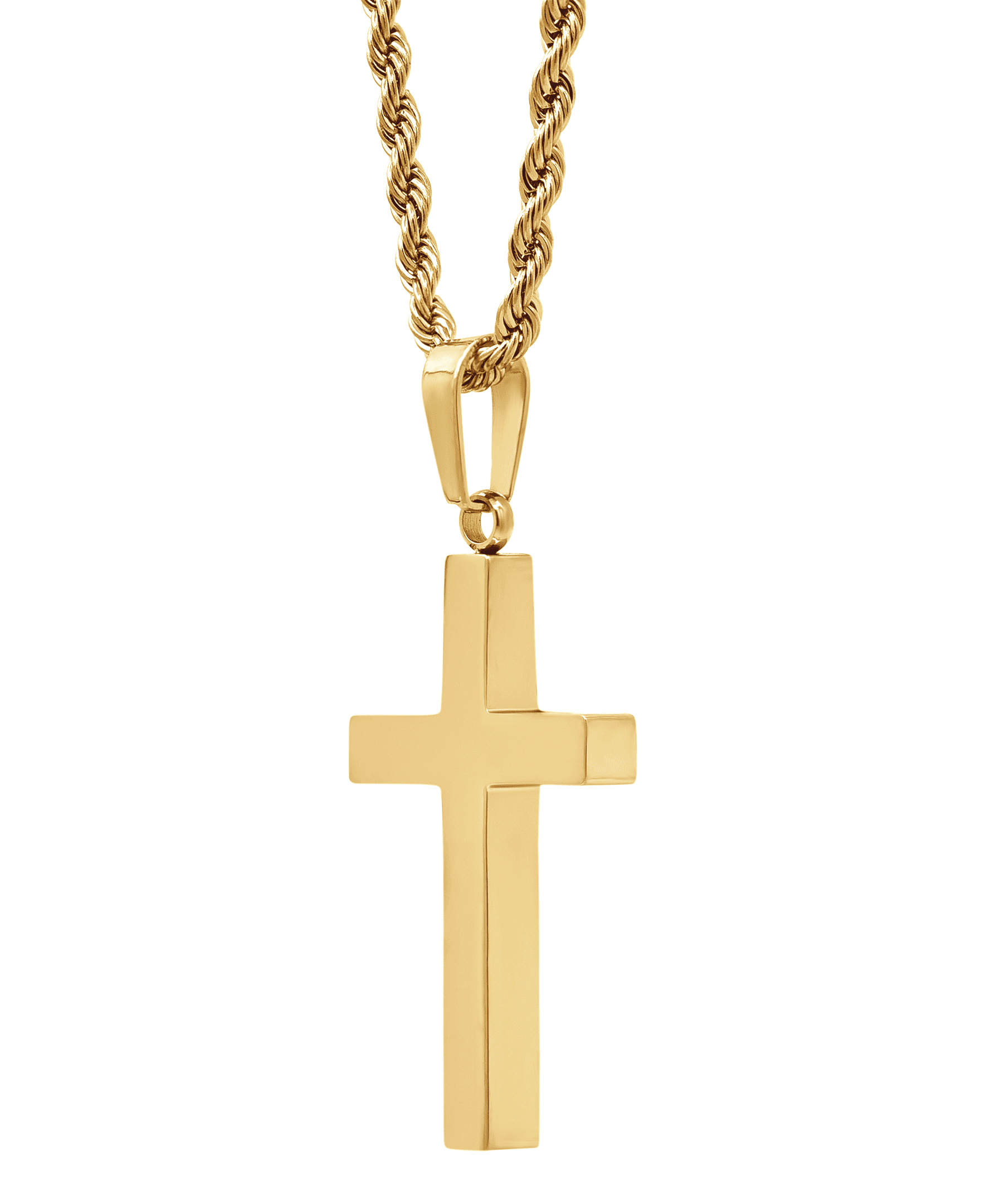 Gold stainless steel cross pendant with 24" rope chain