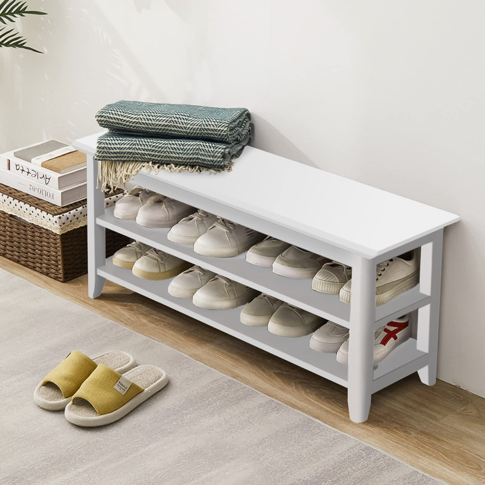 39.4 Inch Solid Wood Shoe Rack Bench 3Tier Entryway Shoe Storage Bench