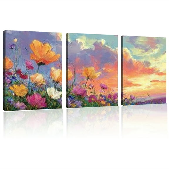 2D Flat, Wrapped Canvas Frame2D Flat Wall Art Decoration Wildflower Field Grassland Canvas Wall Art, Suitable Living Room Sunset Landscape Painting Printed12*16inch*3pcs