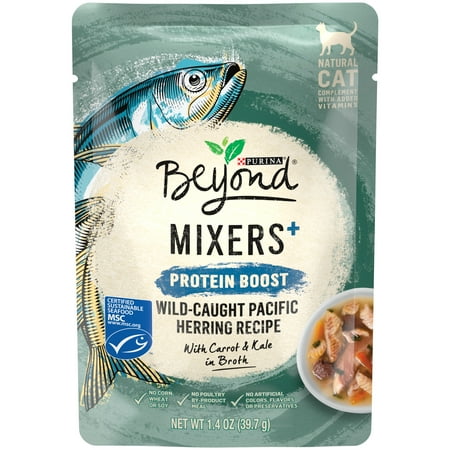 (16 Pack) Purina Beyond Cat Broth High Protein, Grain Free Cat Food Toppers, Mixers+ Pacific Herring Recipe, 1.4 oz. Pouches