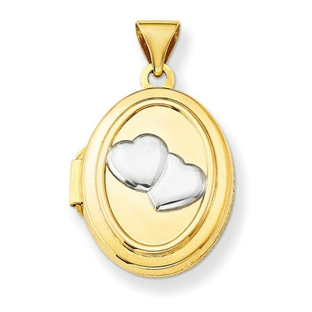14k Yellow Gold & Rhodium 2 Hearts 17mm Oval Locket