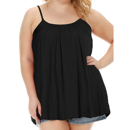 ANYFIT WEAR Women Tank Top with Built in Bra Flowly Relaxed Cami Adjustable Straps Camisole with Pleats Black XXL