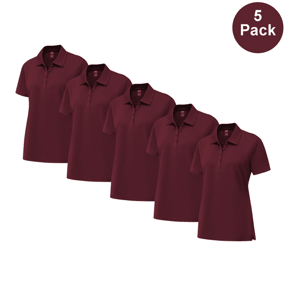 Zfeel Women Pure Dry Fit Poly Polo Shirt, Durable UV protection Short Sleeve Maroon Tee, 5 Pack, S