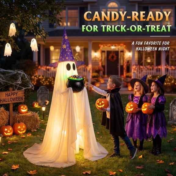 Halloween Candy Ghost Decor with Lighted Cauldron - 53'' Large Ghost Decor Light-Up Ghost Outdoor Halloween Decor with 2 Witch Hats for Trick-or-Treat, Front Porch, Patio, Lawn and Entryway
