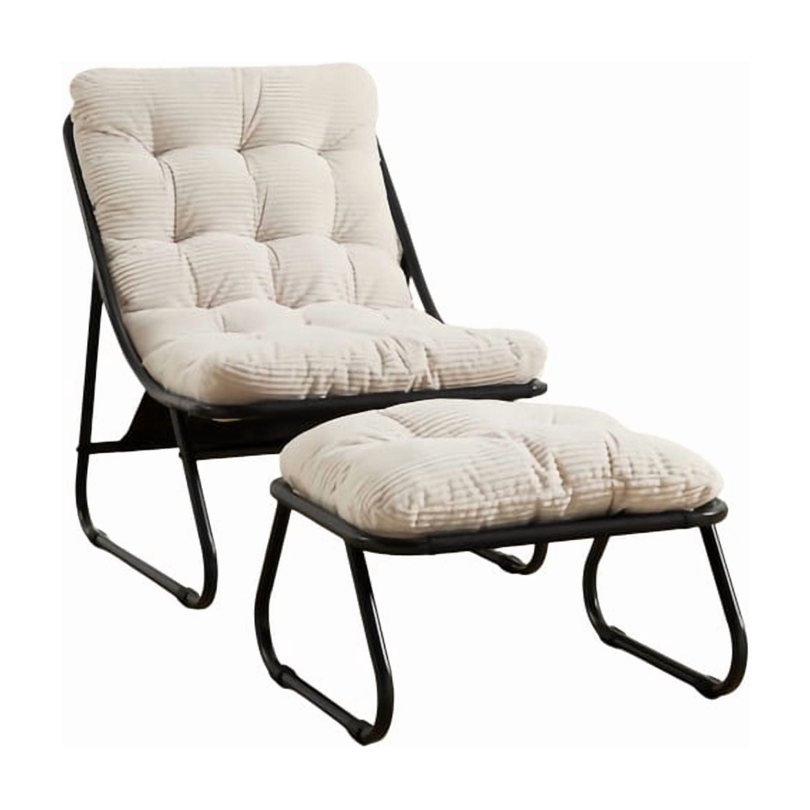 Modern Patio Lounge Chair with Ottoman, Comfy Sling Recliner Chair with Puffy Cushion and Foot Stool for Indoor Outdoor Living Room