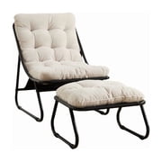 Modern Patio Lounge Chair with Ottoman, Comfy Sling Recliner Chair with Puffy Cushion and Foot Stool for Indoor Outdoor Living Room