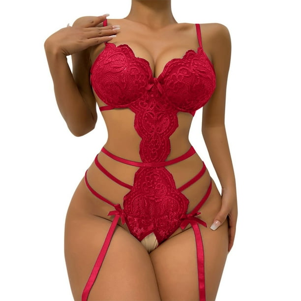 Gibobby Conjuntos de bragas de encaje Body de Camisola Sexy con Cordones y Espalda Abierta con Panel de Malla para Mujer Lencería Sexy de San Valentín Body Encaje(Vino, CH)