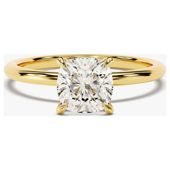 Certified 2 Ct Cushion Cut D/VVS1 Natural Moissanite 4 Prong Solitaire Engagement Ring 14K Yellow Gold Plated Silver