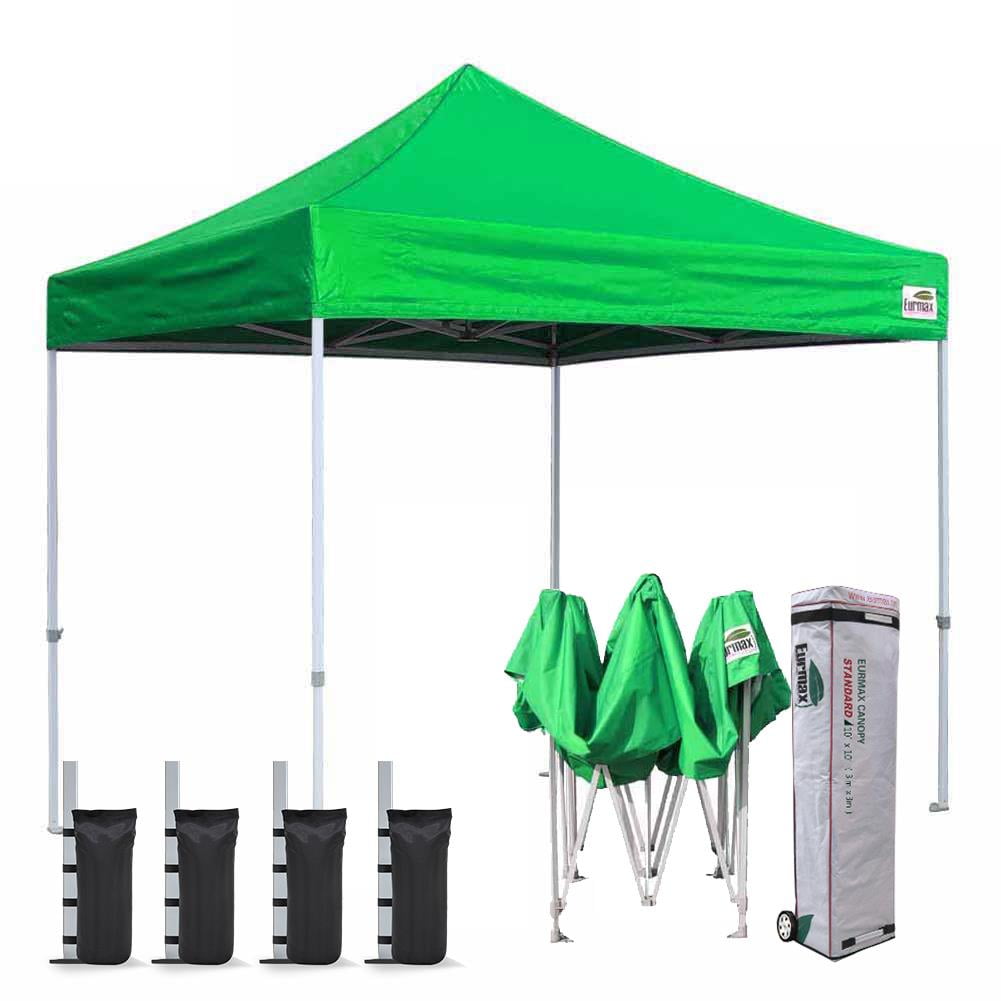 Forest Green Eurmax 10x10 Ez Pop Up Canopy Tent Commercial Instant Canopies with Heavy Duty Roller Bag,Bonus 4 Sand Weights Bags 