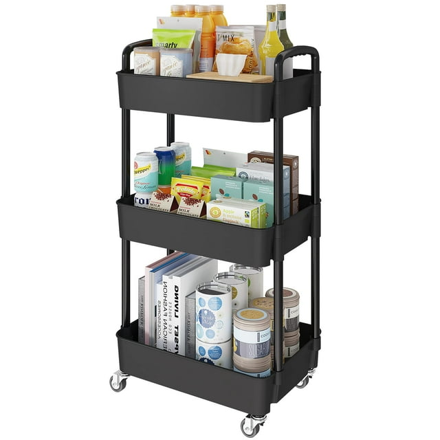 Carrito de almacenamiento Lainesia de 3 niveles con ruedas bloqueables, negro