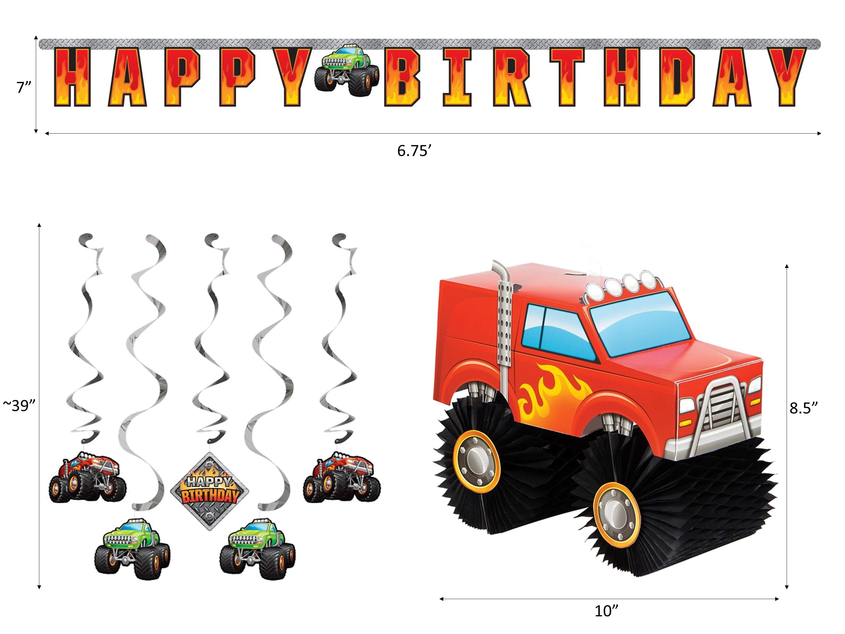 195 Pieces Monster Trucks Birthday Party Supplies,Includes Happy Birthday  Banner,Tablecloth,Plates,Paper Cups,Napkins,Knives,Forks Tableware Set