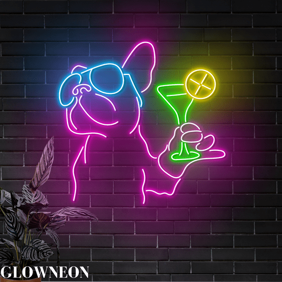 Glowneon French Bulldog Cocktail Led Sign, Bulldog Martini Wall Decor
