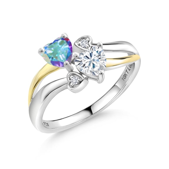 Gem Stone King 925 Silver and 10K Yellow Gold Mercury Mist Mystic Topaz and White Moissanite and White Lab Grown Diamond Ring for Women (1.00 Cttw, November Birthstone, Heart Shape 5MM, Size 5)