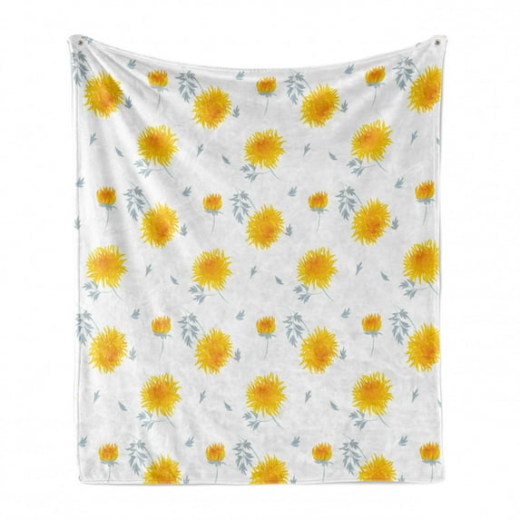 Yellow Flower Soft Flannel Fleece Blanket, Seasonal Autumn Florets Chrysanthemum Fall Leaves Natural Grace Theme, Cozy Plush for Indoor and Outdoor Use, 50" x 70", Mustard Pale Grey, by Ambesonne